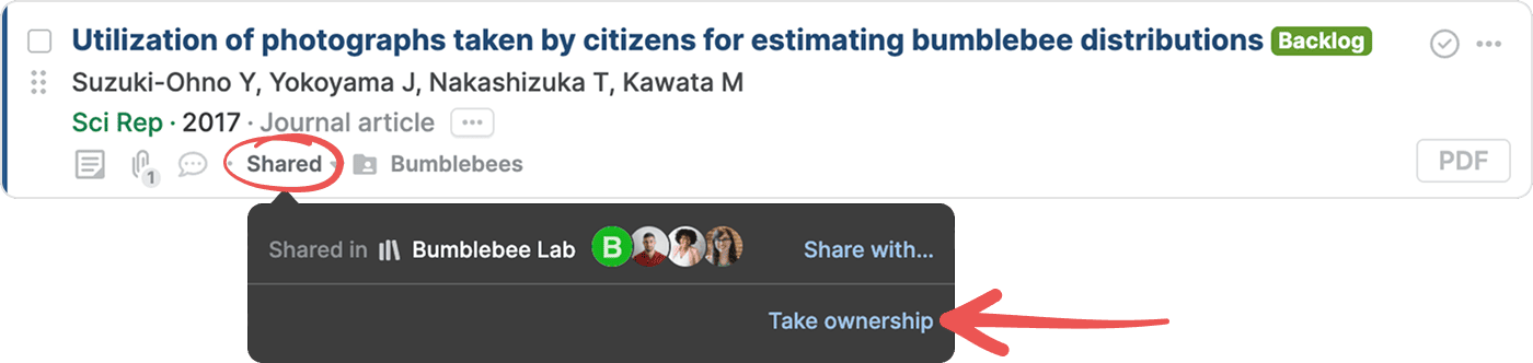 A reference in a shared library with the circled Shared button open, showing “Shared in Bumblebee Lab” and an arrow pointing to the “Take ownership” link.